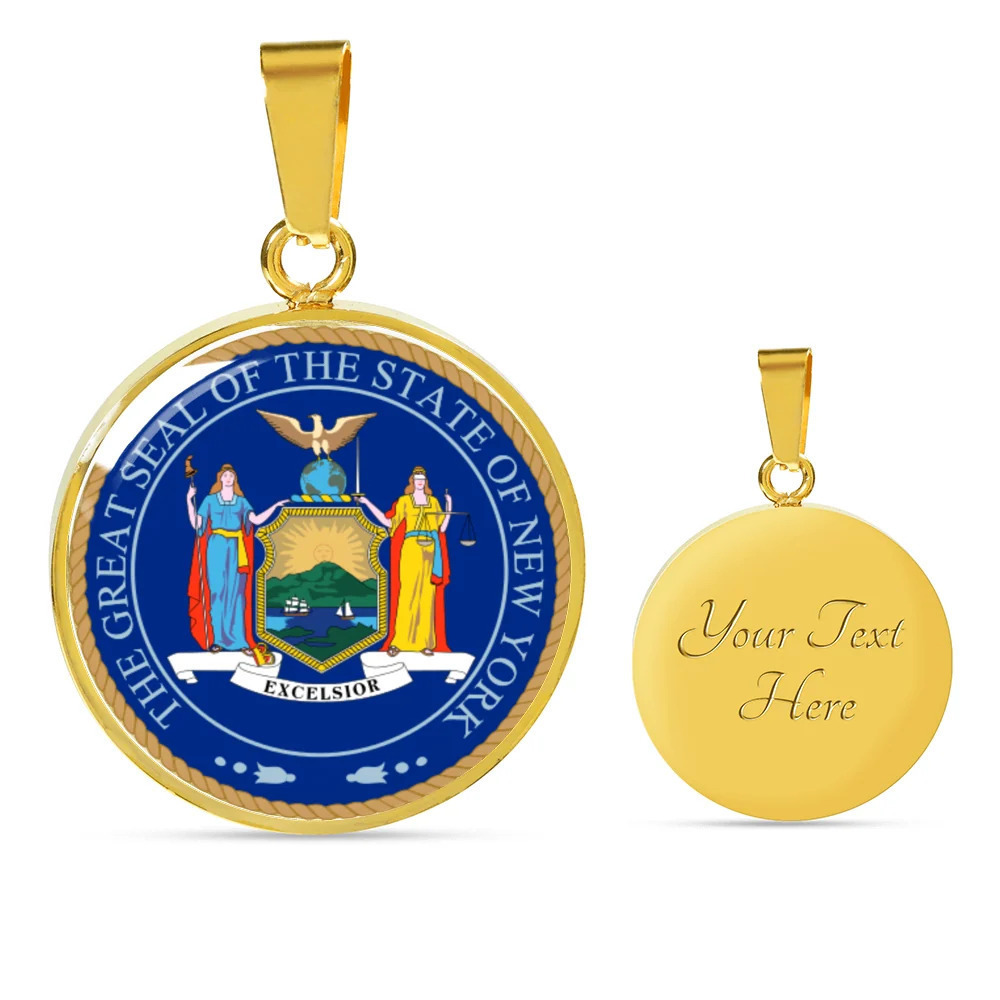 New York State Seal Personalized Engraved Gold Circle Necklace Custom Name Date